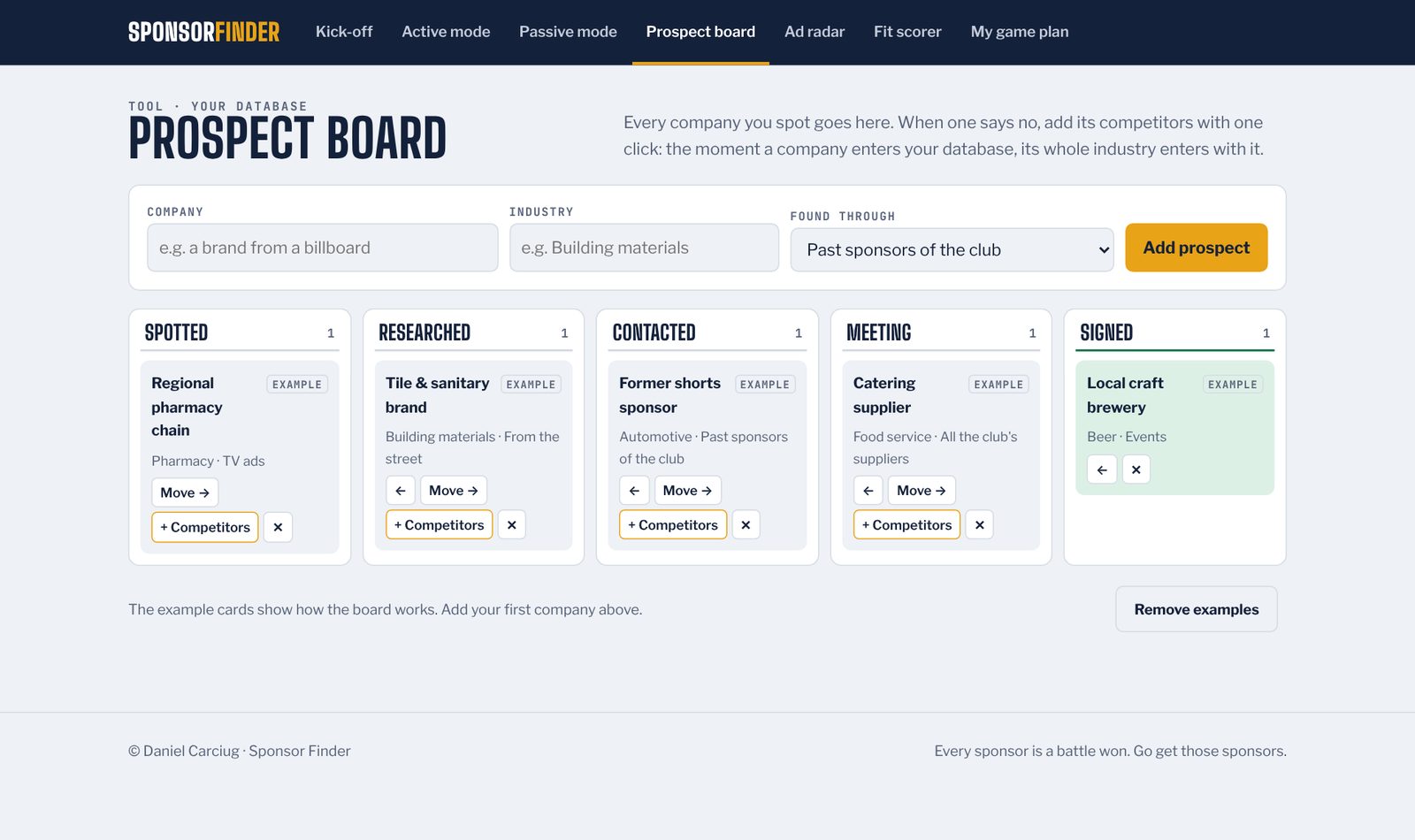 Sponsor Finder prospect board